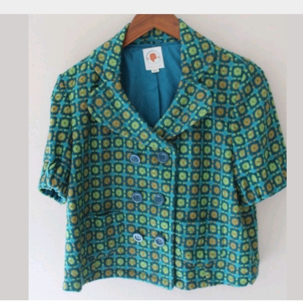 Tulle Turquoise & Yellow Patterned Short Pea Coat